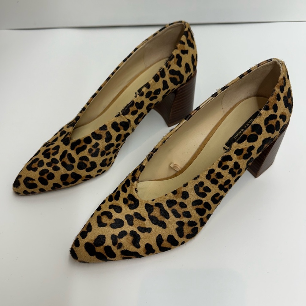 Zara Leopard Print Block Heel Pumps - Tan, Black - Picture 6 of 15